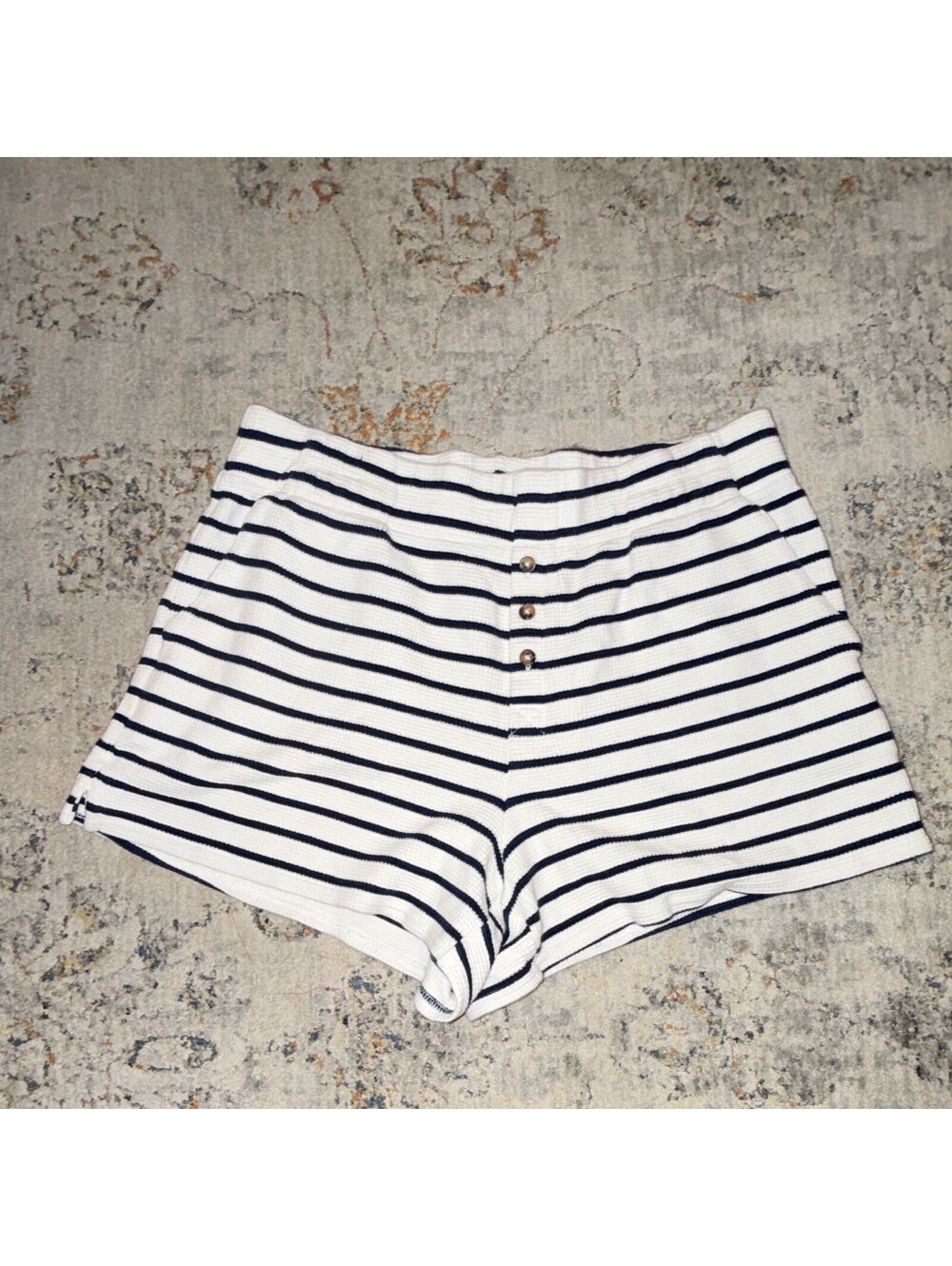 Lands' End Women M Striped White/Blue Waffle Cotton Boxer Shorts Pjs A190